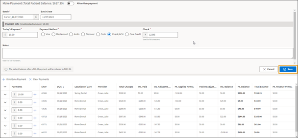 Payment view with yellow highlight box around the blue Save button.